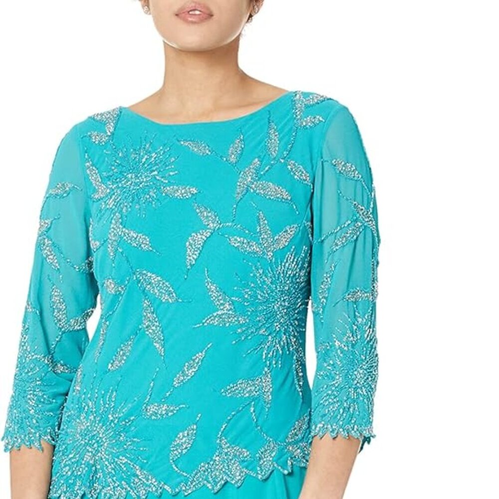 J Kara-Scoop Neck Lined-3/4 Sleeve-Beaded Top-Long Dress-Aqua-Size 16-New w/Tags
